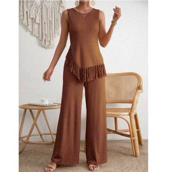 Brown Boho Womens Fringe Hem Tank Top & Wide Leg Pants - Picture 3 of 5